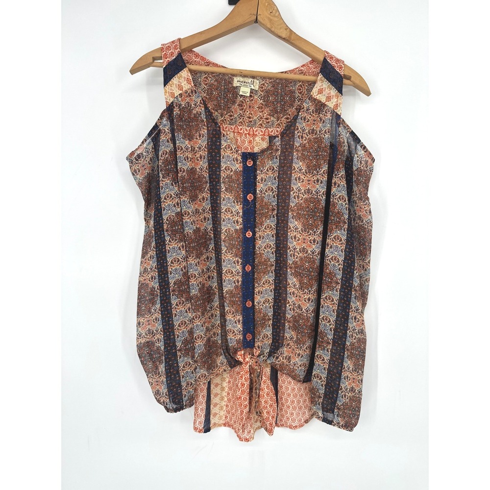 One World Top Women L Button Boho Cold Shoulder Tie Front Medallion Print Sheer